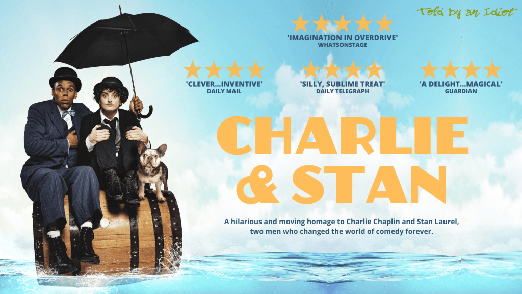 Photo shows the adverting poser for Charlie & Stan, with both characters in the sea sitting on a water barrel, with charlie holding a umbrella above thier heads.