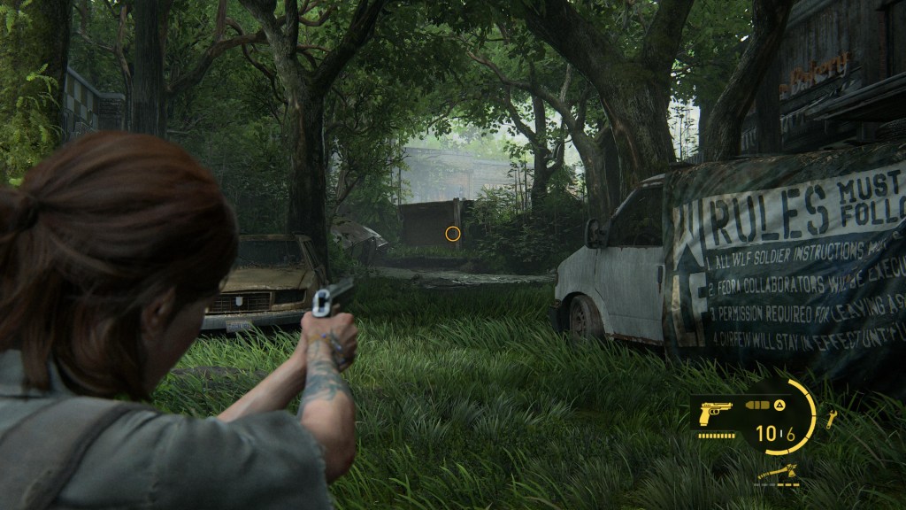It depicts a post-apocalyptic scene in a forested area.
In the foreground, there is a female character with brown hair tied back in a ponytail. She is holding a handgun and aiming it towards something in the distance. Her arm has a tattoo and she is wearing a grey shirt.
To the right, there is a white van with a large sign on its side that reads "RULES" followed by a list:
1. All WLF soldier instructions must be followed.
2. Fedra collaborators will be executed.
3. Permission required for leaving assigned zone.
4. Curfew will stay in effect until further notice.
In the middle ground, there is an old, rusted car with a brownish color. The area is overgrown with tall grass and trees.
In the background, there is a building that looks like it might have been a bakery at some point, as the word "Bakery" is faintly visible on the side of the building. There are also more trees and a yellow ring floating in the air, possibly indicating an objective or target in the game.
In the bottom right corner, there is a HUD (Heads-Up Display) showing the character's ammunition count