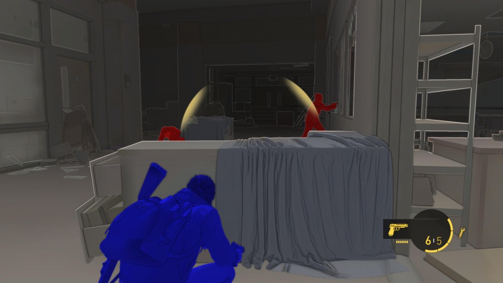 Picture shows an indoor setting that looks like a storage room or warehouse. The room is dimly lit and has a gray color scheme.
In the foreground, there is a character in blue, crouching behind a counter. The character seems to be in a stealth mode or taking cover.
In the background, there is another character in red, standing and holding what appears to be a gun. This character is illuminated by a light source, possibly indicating that they are an enemy or target.
There are also various objects scattered around the room, such as shelves, counters, and debris on the floor.
On the bottom right corner of the screen, there is a game interface showing a gun icon and the number 6/15.