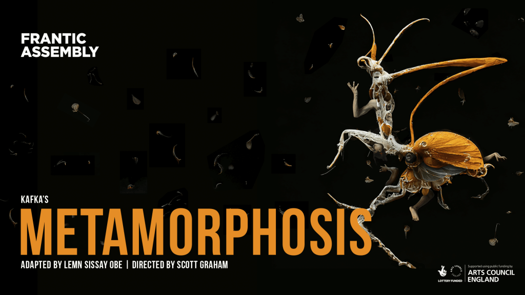 Photo shows a black background with writing in amber colours which says Kafka's 'Metamorphosis' with an insect on the right hand side.